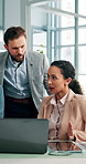 Office, business people and financial advisor with laptop for discussion, audit meeting and finance information. Boardroom, accountants and consultant with tech for revenue report, investment or team
