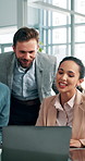 Office, business people and financial advisor with laptop for talking, audit meeting or finance information. Boardroom, accountants and consultant with tech for revenue report, investment or teamwork