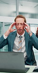 Business, people and stress with laptop in office for financial crisis, rejected funding or company bankruptcy risk. Bad news, finance staff and frustrated with investment loss or upset with feedback
