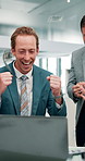 Man, laptop and success with money rain in office, team or high five for dividend results. People, broker and fist pump with cheers, target or increase profit on stock market at investment agency
