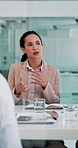 Office, business woman and presentation with discussion for training, strategy feedback and teaching. Workplace, female speaker and employees with information for corporate project, pitch or workshop