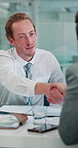 Business, people and meeting with handshake in office for investment agreement, financial deal and negotiation. Stakeholders, happy and shaking hands with contract for b2b partnership and welcome