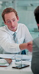 Meeting, handshake and man with client, boardroom and brainstorming for sales, smile and thank you. Happy, people and shaking hands for agreement, colleagues and gesture for collaboration in business
