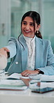Meeting, handshake and woman with smile, clients and brainstorming for sales, thank you and boardroom. Happy, people and shaking hands for agreement, talking and gesture for collaboration in business