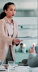 Documents, meeting and businesswoman in office with proposal for company investment plan. Paperwork, Presentation and female financial manager with corporate budget report for clients in workplace.