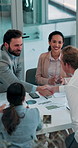 Business, people and applause with handshake in office for investment collaboration, financial contract and welcome. Stakeholders, above and shaking hands with support for b2b partnership and meeting
