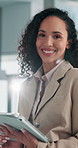 Face, typing and woman in business with tablet, scroll and communication on content marketing website. Search, smile and happy consultant on digital app for online schedule, email or user experience