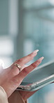 Hands, typing and woman in office with tablet, scroll and communication on content marketing website. Research, networking and consultant on digital app for online schedule, email or user experience