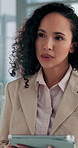 Thinking, typing and woman in office with tablet, scroll and contact on content marketing website. Research, networking and consultant on digital app for online schedule, email or user experience