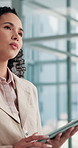 Thinking, typing and woman in business with tablet, scroll and contact on content marketing website. Research, networking and consultant on digital app for online schedule, email or ideas in office