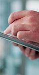 Hands, scroll and person in office with tablet, typing and communication on content marketing website. Research, networking and consultant on digital app for online schedule, email or user experience