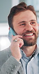 Happy, businessman and talking with phone call for business deal, negotiation or conversation at office. Man, employee or consultant speaking with smile on mobile smartphone for discussion at work