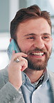 Happy man, discussion and talking with phone call for business deal, negotiation or conversation at office. Man, employee or consultant speaking with smile on mobile smartphone for corporate chat