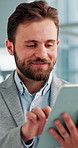 Happy, scroll and man in office with tablet, typing or contact search on content marketing website. Thinking, networking and seo consultant on digital app for online schedule, email or business ideas