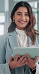 Confident, face or businesswoman on tablet for company consulting online, feedback or policy review. Consultant, lawyer or legal advisor on technology for case schedule, research or attorney advice