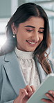 Reading, happy and woman in office with tablet, scroll or contact search on content marketing website. Smile, networking or seo consultant on digital app for online schedule, email or business ideas