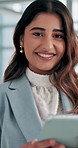 Smile, face and woman in office with tablet, scroll or confidence for content marketing website. Happy, networking or seo consultant on digital app for online schedule, email or business advisor