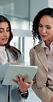 Business, planning and people with tablet in office for finance update, digital report and investment feedback. Financial analyst, teamwork and discussion with company account and budget forecasting
