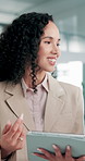 Business, presentation and woman in workplace, tablet and feedback for company revenue. Person, speaker and employee with app, presenter and review profit growth with tech, economy analyst or talking