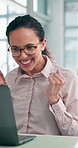 Business, laptop and woman in office, celebration and excited with email for promotion. Person, bonus and employee in workplace, pc and surprise with announcement and online stats for profit growth