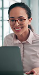 Happy woman, laptop or business with good news for job promotion, career opportunity or results at office. Female person, investor or employee with smile or thought on computer for dream at workplace