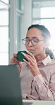 Business, woman and relax with coffee in office for morning start, stress relief and accountant on break. Person, beverage and laptop with financial management, budget feedback and work productivity