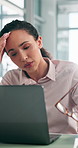 Tired, business and woman on laptop with headache for glitch, wrong proposal and profit mistake. Fatigue, migraine and person online for financial error, project deadline and overworked with burnout