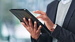 Tablet, typing and hands of business person in office for publishing agency, manuscript editor and ebook review. Copywriter, reading and planning with employee for creative project, report and media