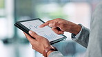 Financial charts, tablet screen and man with hands, typing and connection with profit growth. Person, closeup and employee in workplace, tech and digital app for economy analysis and infographics
