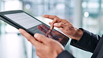 Charts, tablet screen and man in office, hands and typing with subscription, connection and network. Person, closeup or employee in workplace, tech or digital app for info graphics or survey analysis