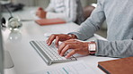 Keyboard, hands and businessman in office typing for finance proposal with online client. Technology, communication and closeup of male financial advisor with investment report in workplace.