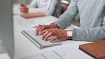 Keyboard, computer and hands of businessman in office typing for finance proposal with online client. Tech, communication and closeup of male financial advisor with investment report in workplace.