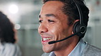 Call center, man and customer support in office with help, communication and online consultant. Contact us, headset and technical service crm, telemarketing or sales agent coworking for hotline