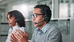 Call center, man and technical support in office with crm, communication and online consultant. Contact us, headset and male customer service, telemarketing or sales agent coworking for hotline