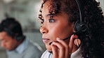 Contact us, woman and customer support in office with headset, communication and online consultant. Call center, crm and technical service help, telemarketing or sales agent coworking for hotline