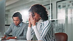 Call center, tired and headache with business woman for customer service, complaint log or debt counselor. Mental health, credit review and stress with person in office for contact us and audit error