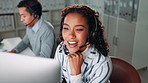 Communication, computer and headset with woman in call center for help or online assistance. Contact us, conversation and customer support with employee in office for feedback as virtual assistant