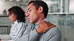 Businessman, typing or shoulder injury with pain for bad posture or overworked pressure at office. Closeup, hands or man with sore arm, joint inflammation or ache in discomfort or strain at workplace
