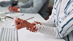 Business, hands or woman in office, wrist pain or carpal tunnel syndrome with joint injury. Closeup, person or employee in workplace, inflammation or massage with ache, osteoporosis or muscle tension
