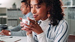 Coffee, aroma and woman in office in morning for relax, calm or caffeine beverage with happiness. Smile, cappuccino and female editor with latte, tea or espresso scent in workplace with satisfaction.