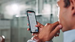 Reading, screen and business man with phone in office for online article, website and research. Professional, corporate and person on smartphone for instructions, information and search on internet