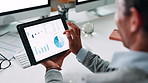 Financial charts, tablet screen and man in meeting, hands and typing with feedback for company revenue. Person, closeup and employee in office, tech and digital app for graphs and economy analyst