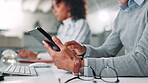 Hands, business and man on tablet in office for communication, feedback and review newsletter. Person, scroll and closeup with digital for magazine update, reading email and story report in workplace