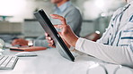 Tablet, hands and businesswoman in office with scrolling for online communication, feedback or review. Digital technology, contact and closeup of female magazine editor with email in workplace.