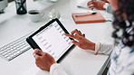 Financial charts, tablet screen and woman in office, hands and app for company revenue. Person, closeup and employee in meeting, tech and connection with graphs, economy analyst and profit growth