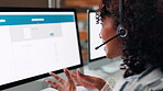 Call center, computer screen and contact us with person in office for assistance or communication. Customer service, headset and support with employee at help desk for consulting or lead generation