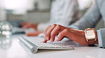 Keyboard, email and hands of man in office typing for finance proposal with online business client. Technology, communication and closeup of male financial advisor with investment report in workplace