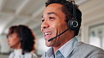 Happy, businessman and consultant with headset at call center for CRM, communication or telemarketing. Man, employee or agent with smile or keyboard for online assistance, advice or help at office