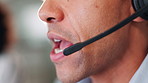 Businessman, mouth and consultant with headset or mic for online communication or CRM at office. Closeup, man or agent talking at call center for virtual assistance, advice or help at workplace