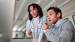 Call center, business people and mentor with computer for teamwork, telemarketing or advice for research. Discussion, consultant and sales manager in office for helping, question and customer service